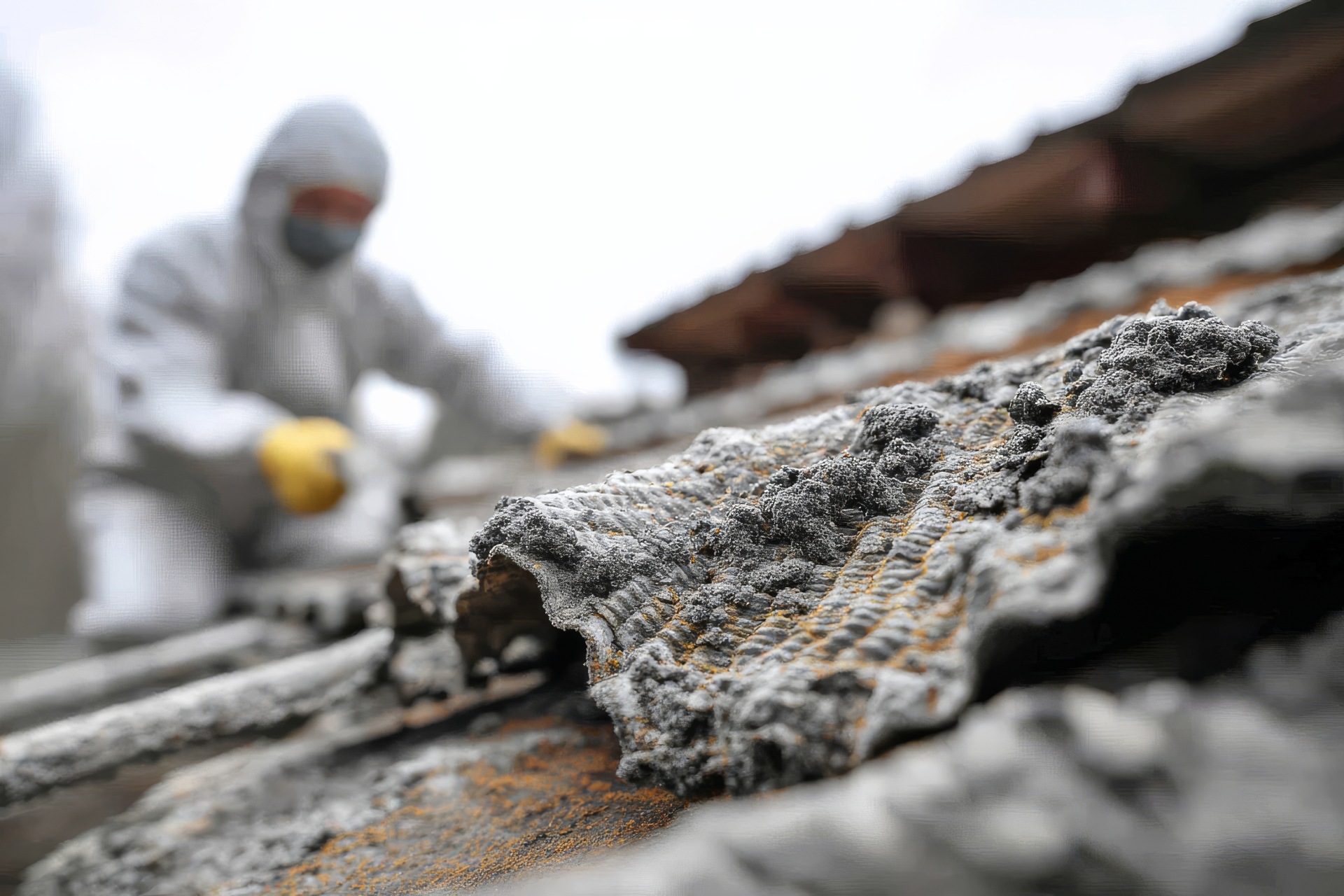 Technicien protégé retirant de l'amiante sur une toiture, diagnostic amiante avant travaux