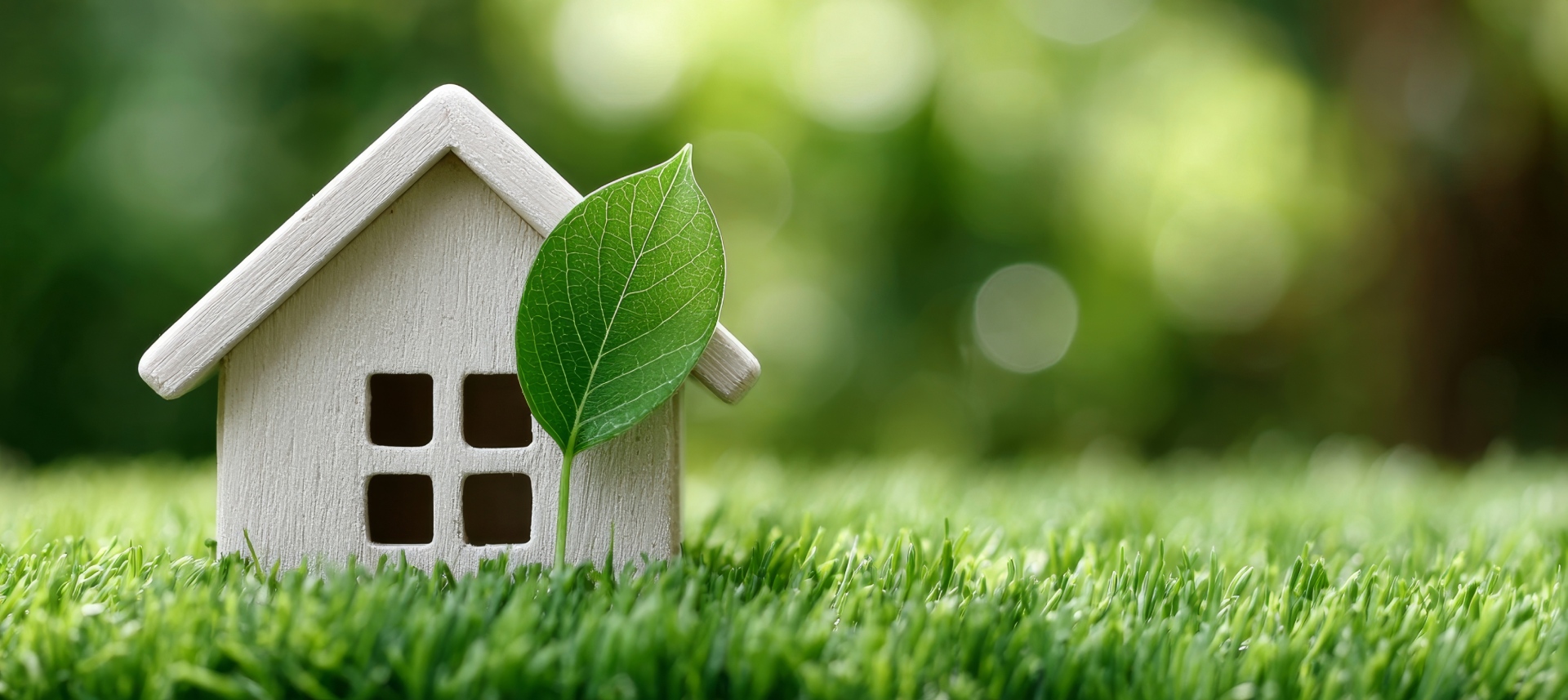 Maison miniature blanche sur pelouse verte, symbole du diagnostic immobilier
