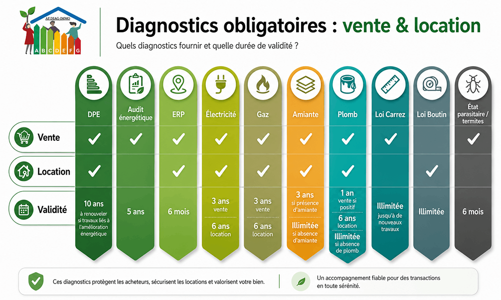 Tableau des diagnostics immobiliers obligatoires pour vente et location avec durées de validité